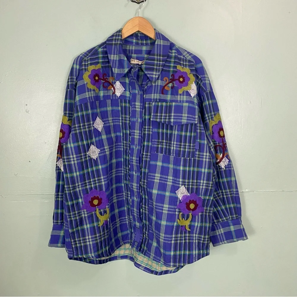 Free People Embroidered Sashiko Shirt Plaid Floral Oversized XL‎ Blue Purple